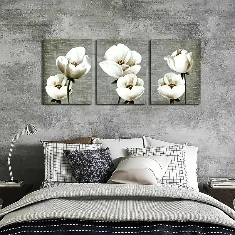 3pcs Gray Green Vintage Style White Flowers  Metal Print Ready to Hang Art