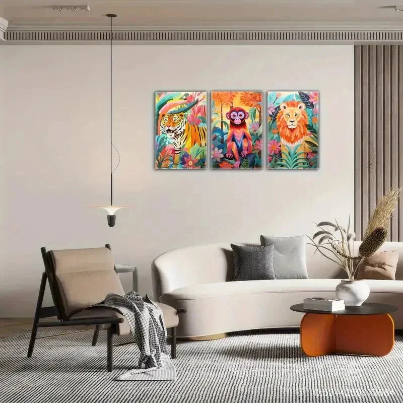 3pcs Tiger Monkey Lion Colorful Animal Art Print Metal Print Ready to Hang Art
