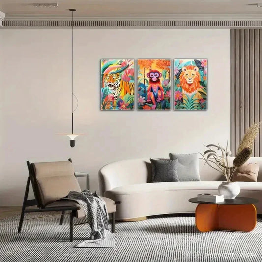 3pcs Tiger Monkey Lion Colorful Animal Art Print Metal Print Ready to Hang Art