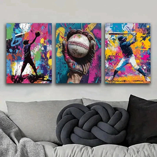 3pcs Baseball Graffiti Boy Colorful Perfect Wall Art Set Canvas Framed 40x60cm - High Quality Print 100% Australian Made Wall Canvas Ready to Hang