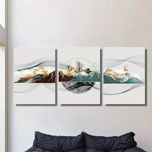 3pcs Golden landscape gold foil Metal Print Ready to Hang Art