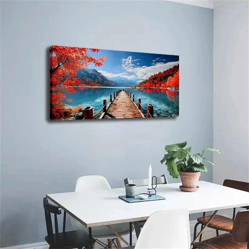 Vibrant Autumn Lake and Bridge Wall Art Canvas Office Home Room Framed 120x60cm
