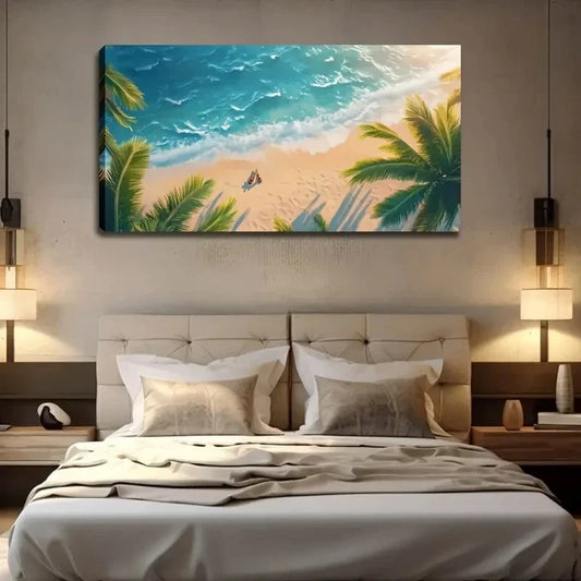 Tropical Beach Scene Wall Art canvas office home room framed 80x45cm