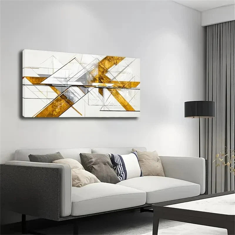 Golden & White Lines Decor Wall Art Canvas Office Home Room Framed 120x60cm