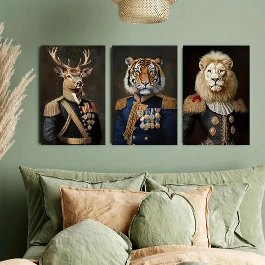 3pcs Lions, Tigers & Deer in Elegant Attire Metal Print Ready to Hang Art