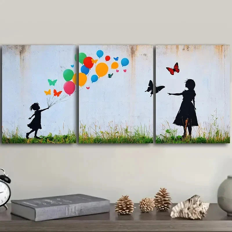 3pcs Little girl and butterfly balloon Wall Art Set Canvas Framed 40x60cm - High Quality Print 100% Australian Made Wall Canvas Ready to Hang