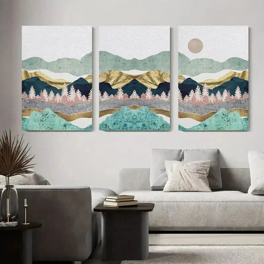 3pcs Abstract Mountain & Forest Golden Accents Metal Print Ready to Hang Art