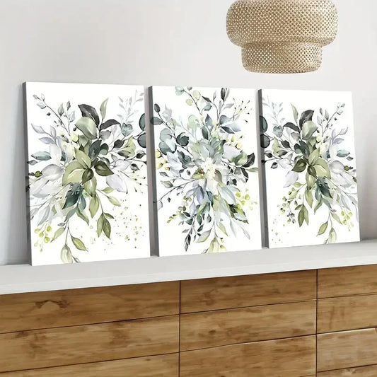 3pcs Elegant Floral Botanical Purple Green Blue Wall Art Set Canvas Framed 40x60cm - High Quality Print 100% Australian Made Wall Canvas Ready to Hang