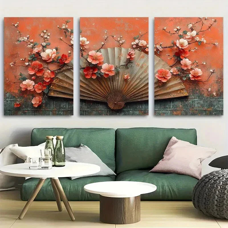 3pcs Pink Floral Fan Chinoiserie Design Metal Print Ready to Hang Art