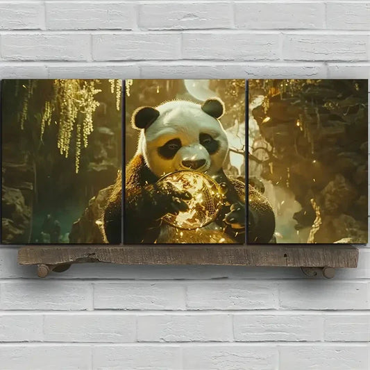 3pcs Cute Panda Holding Stunning Golden Ball Metal Print Ready to Hang Art
