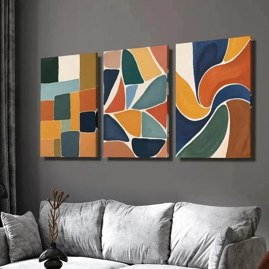 3pcs Retro Abstract Multi Color Block Geometric Wall Art Set Canvas Framed 40x60cm - High Quality Print 100% Australian Made Wall Canvas Ready to Hang