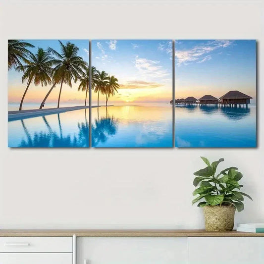 3pcs Blue Sky Island Sunset Nature Perfect Wall Art Set Canvas Framed 40x60cm - High Quality Print 100% Australian Made Wall Canvas Ready to Hang