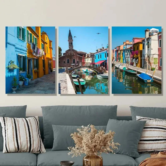 3pcs Bell tower of San Martino colorful houses  Metal Print Ready to Hang Art