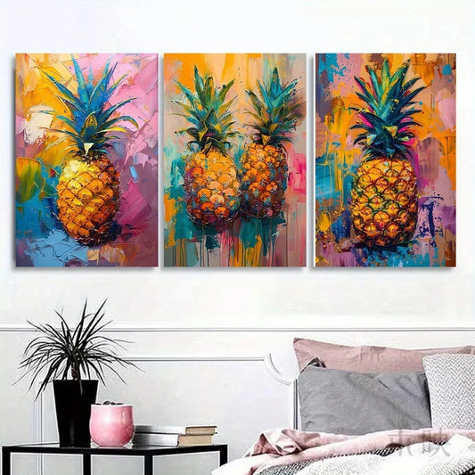 3pcs Orange Pineapple Oil Painting Metal Print Ready to Hang Art