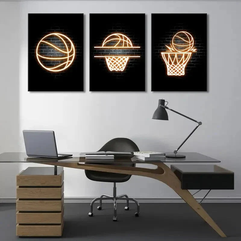 3pcs  Creative Basketball Art Neon Painting Metal Print Ready to Hang Art