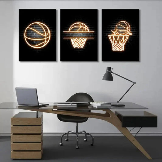3pcs  Creative Basketball Art Neon Painting Metal Print Ready to Hang Art