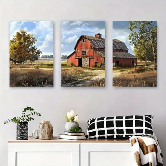 3pcs Rustic Barn Landscape Autumn Farmhouse Metal Print Ready to Hang Art