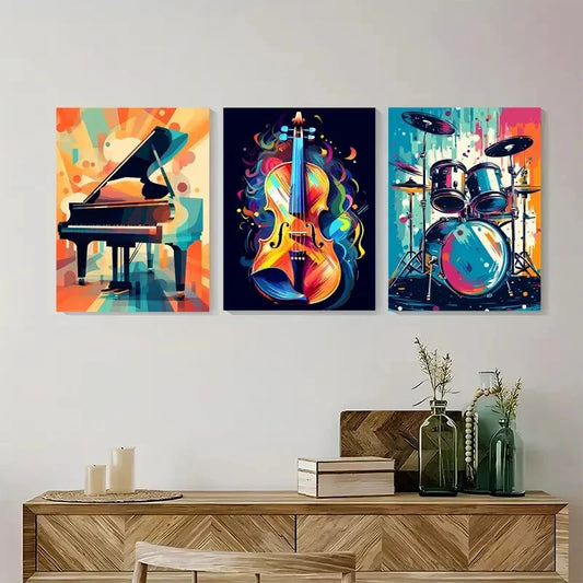 3pcs Piano Violin Drums Colorful Abstract Metal Print Ready to Hang Art