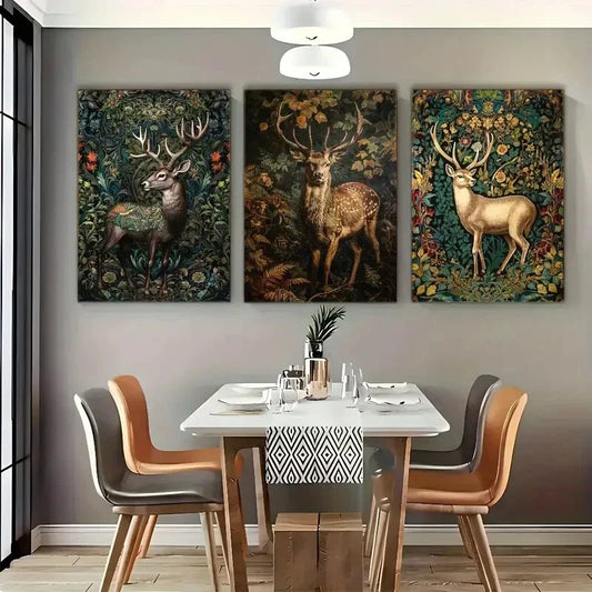 3pcs Floral and Deer Poster Vintage Animal Metal Print Ready to Hang Art