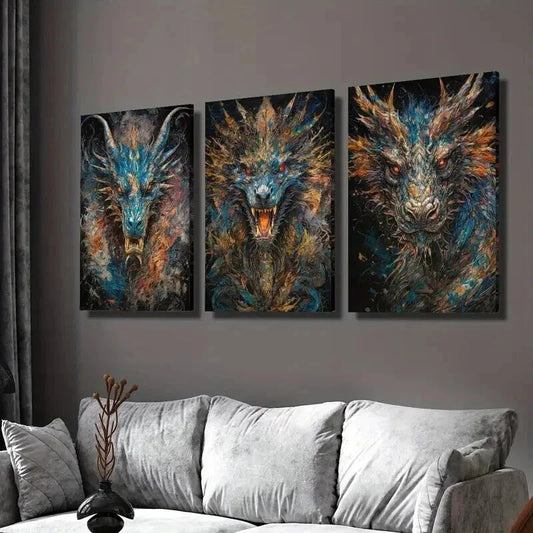3pcs Colorful Fantasy Dragon Illustrations Wall Art Set Canvas Framed 40x60cm - High Quality Print 100% Australian Made Wall Canvas Ready to Hang