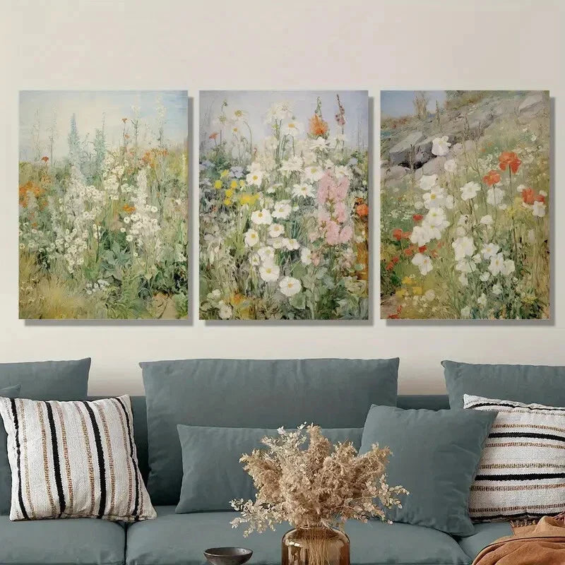 3pcs Vintage spring wildflower field, Metal Print Ready to Hang Art