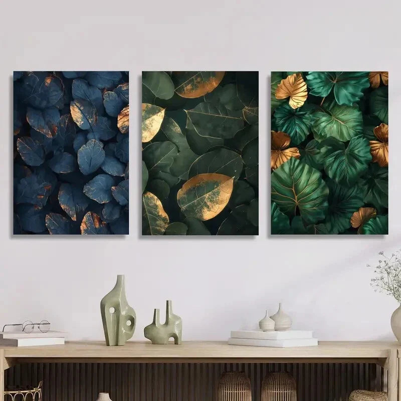 3pcs Jungle &amp; Green Leaves with Golden Accents Metal Print Ready to Hang Art