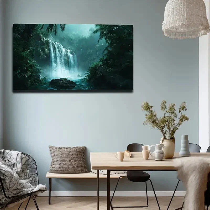 Realistic Jungle Waterfall Wall Art Canvas Office Home Room Framed 120x60cm