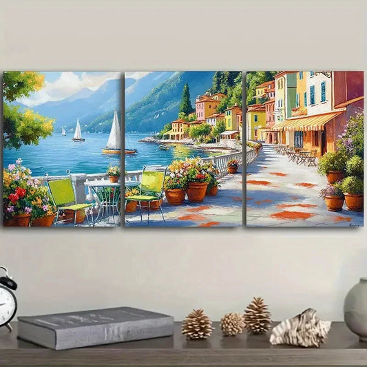 3pcs Vibrant Italian Coastal Village Scenes Metal Print Ready to Hang Art