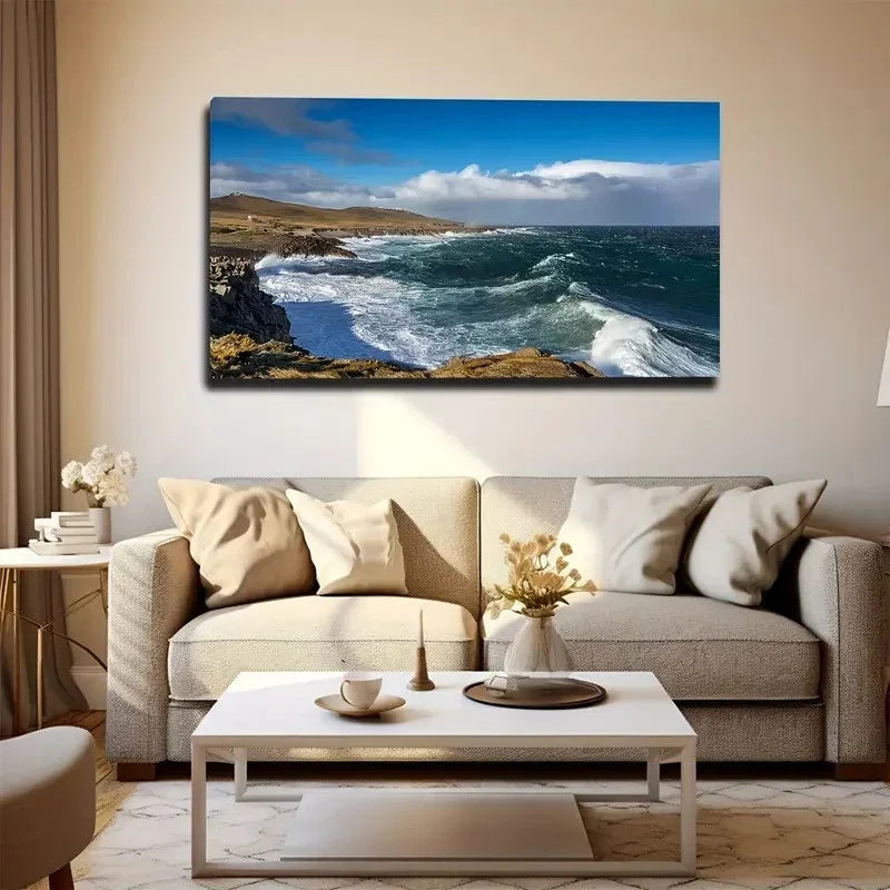 Vibrant Coastal Landscape Wall Art Canvas Office Home Room Framed 80x45cm