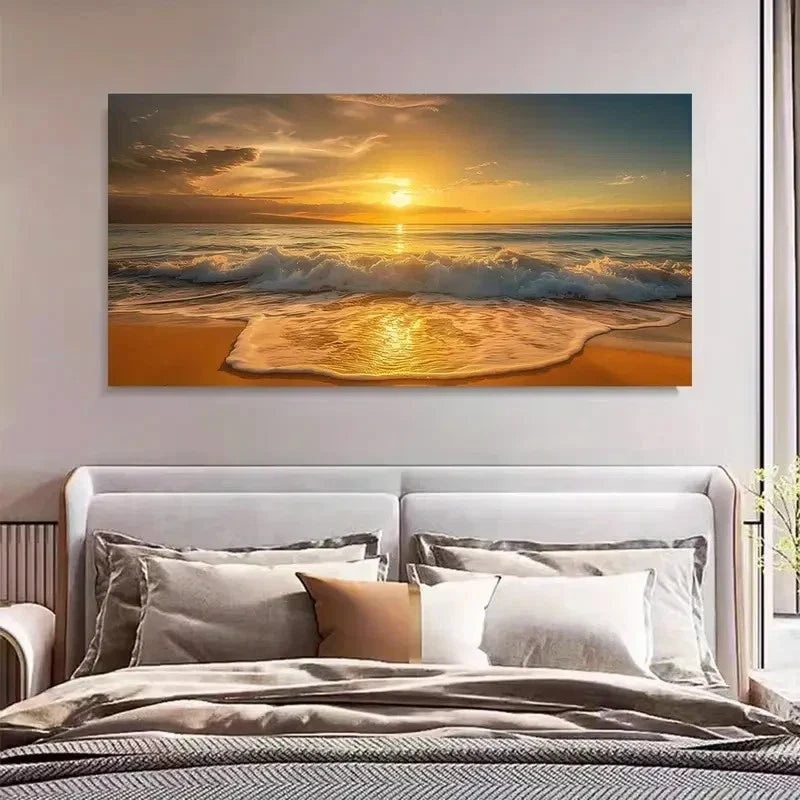Vibrant Sunset Beach Wave Wall Art Canvas Office Home Room Framed 120x60cm