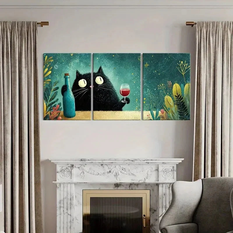 3pcs Artistic Cat Holding Wine Bottle Metal Print Ready to Hang Art