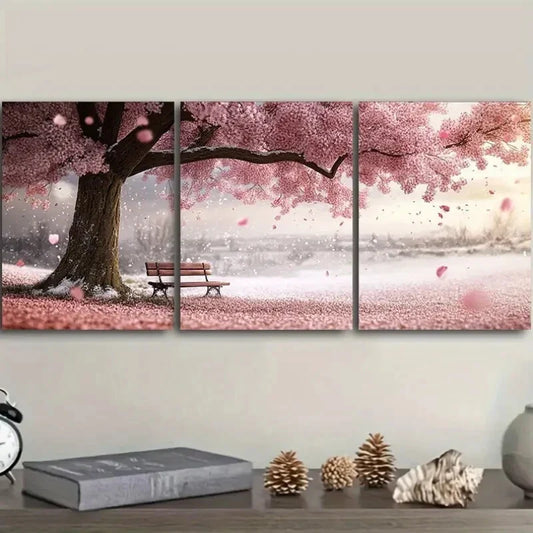 3pcs A Large Tree with Pink Flowers Painting Metal Print Ready to Hang Art