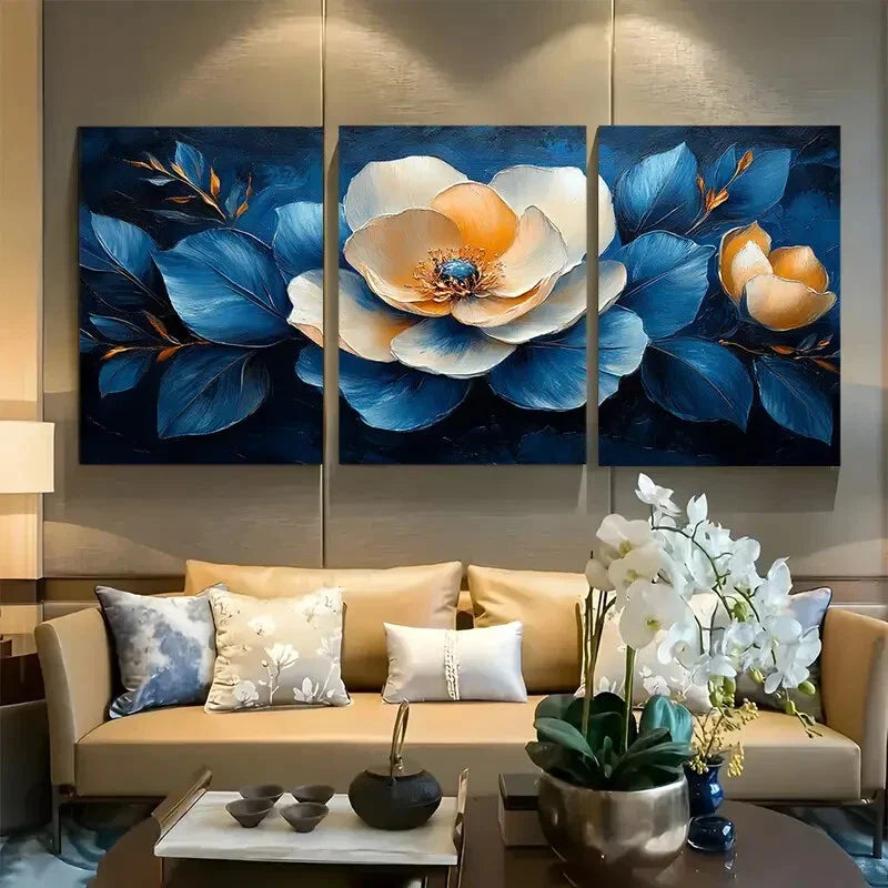 3pcs Elegant Floral Blue and Beige Petals Metal Print Ready to Hang Art