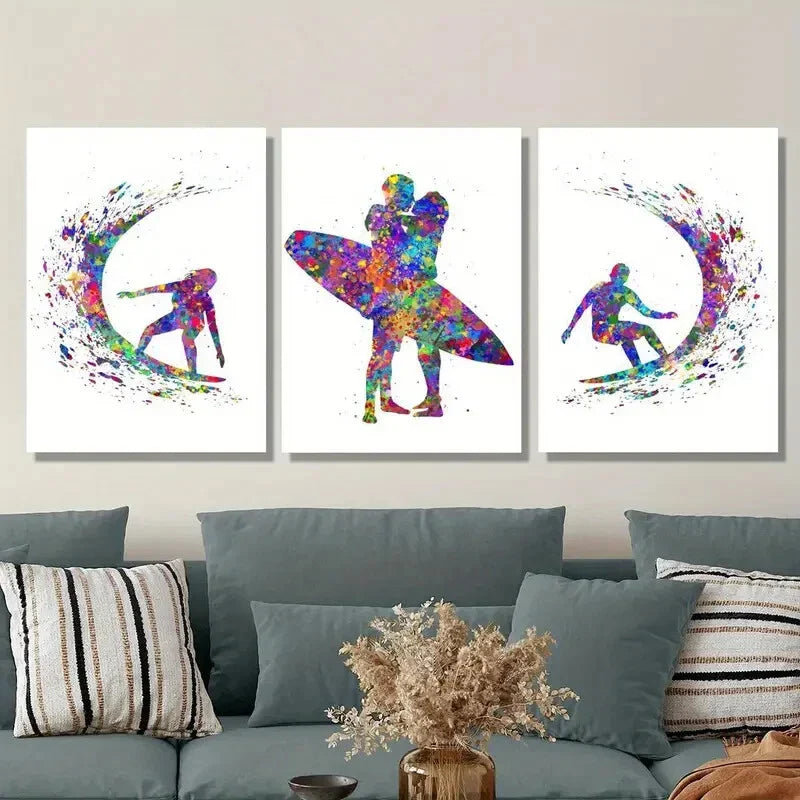 3pcs Vibrant Surfing Couple Design Metal Print Ready to Hang Art