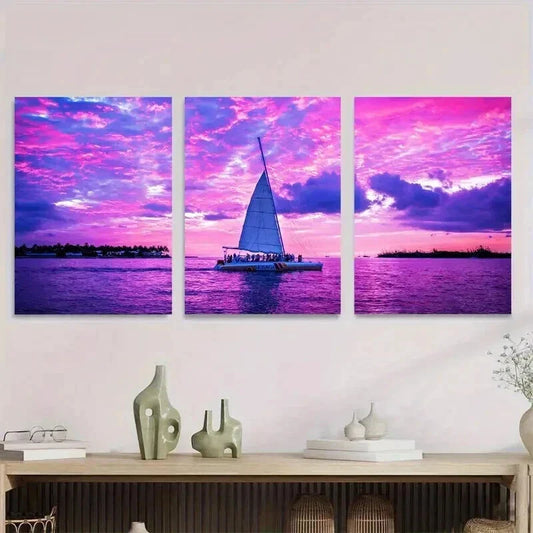 3pcs Sunset Sailboat Bright Pink & Purple Sky Wall Art Set Canvas Framed 40x60cm - High Quality Print 100% Australian Made Wall Canvas Ready to Hang