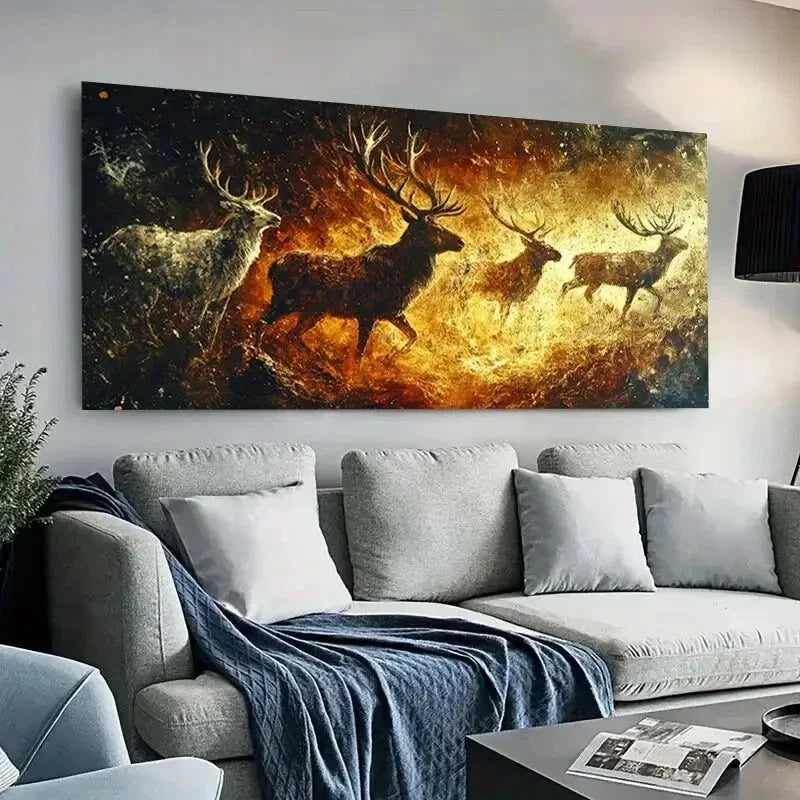 Majestic Stags Gold Fiery wall canvas office home room framed 120x60cm