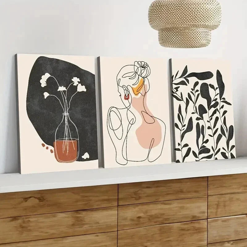 3pcs Abstract Single Line Girl Silhouette Floral Wall Art Set Canvas Framed 40x60cm - High Quality Print 100% Australian Made Wall Canvas Ready to Hang