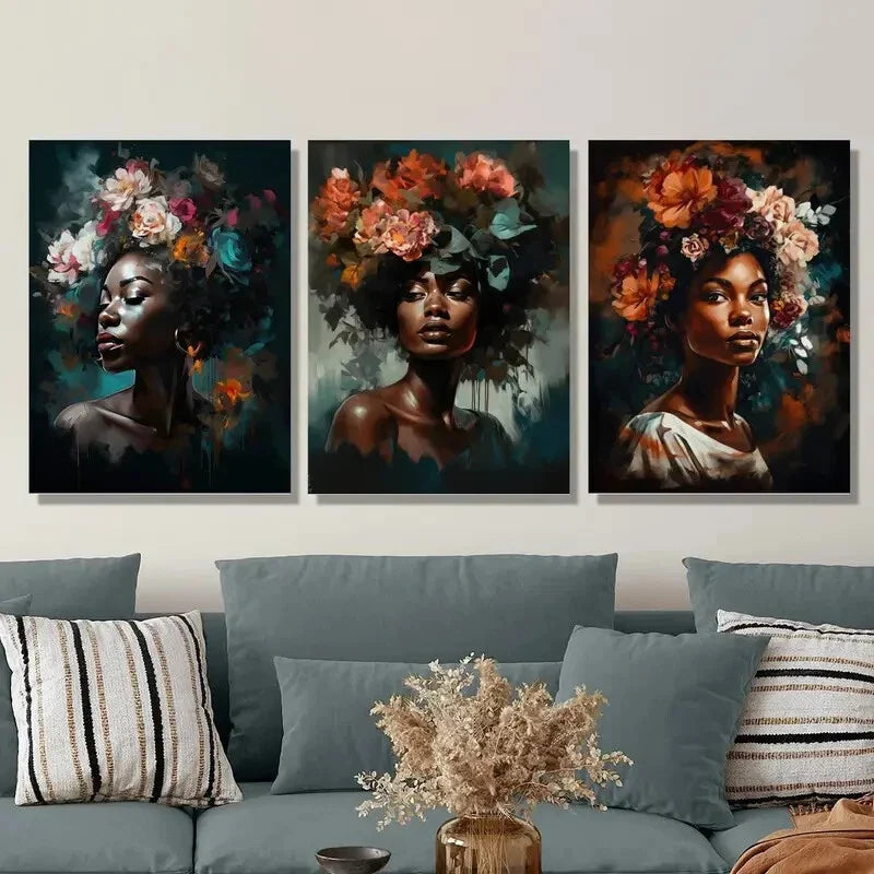 3pcs Painting of Woman with Flower Crown Metal Print Ready to Hang Art