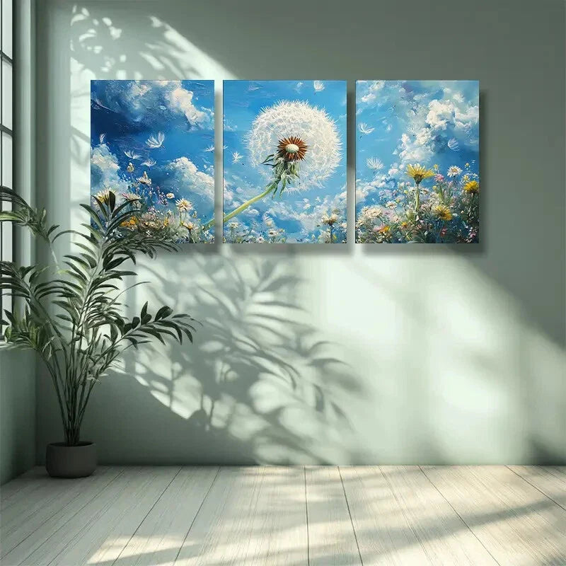 3pcs White dandelion Floral Wall Art Set Canvas Framed 40x60cm - High Quality Print 100% Australian Made Wall Canvas Ready to Hang