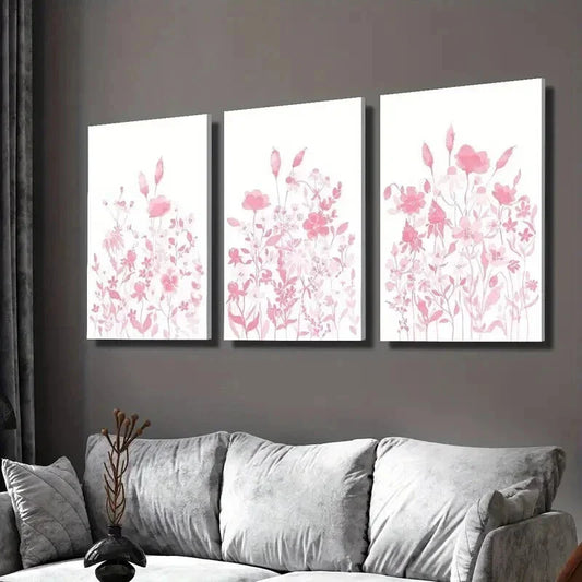 3pcs Elegant Watercolor Pink Wildflowers Wall Art Set Canvas Framed 40x60cm - High Quality Print 100% Australian Made Wall Canvas Ready to Hang