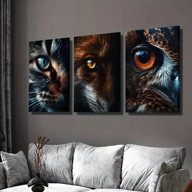 3pcs Portraits of Cat Fox & Owl Eyes Wall Art Set Canvas Framed 40x60cm - High Quality Print 100% Australian Made Wall Canvas Ready to Hang