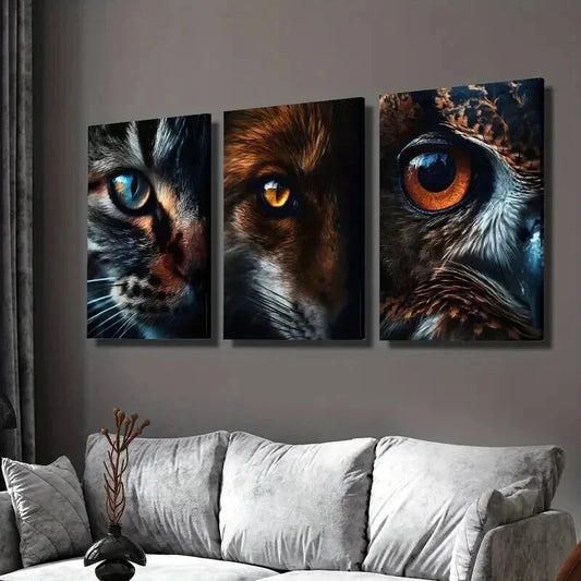 3pcs Portraits of Cat Fox & Owl Eyes Wall Art Set Canvas Framed 40x60cm - High Quality Print 100% Australian Made Wall Canvas Ready to Hang