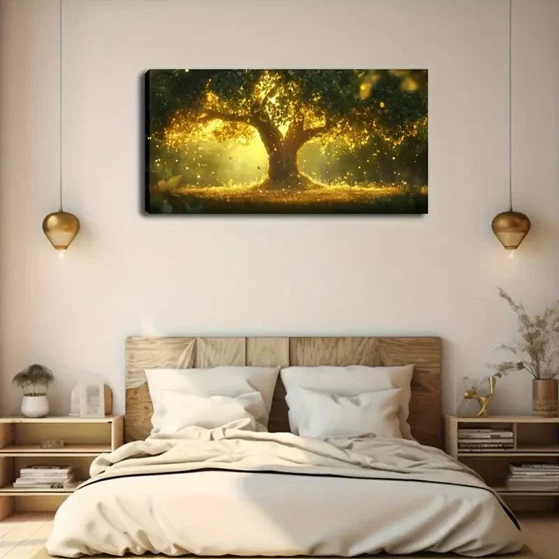 Golden Tree with Sunlit Leaves Wall Art Canvas Office Home Room Framed 120x60cm