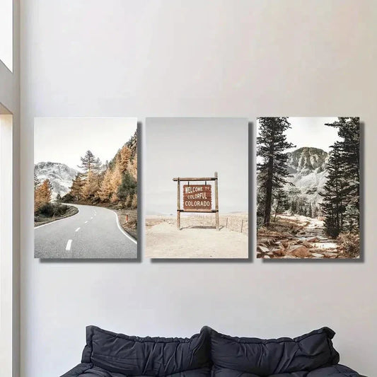 3pcs Forest Road &amp; Mountain Scenery Photography Metal Print Ready to Hang Art