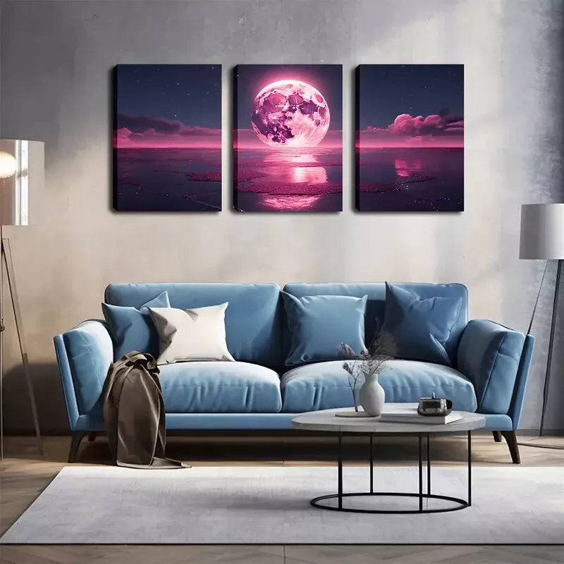 3pcs Red Moon on the Sea  Wall Art Set Canvas Framed 40x60cm - High Quality Print 100% Australian Made Wall Canvas Ready to Hang