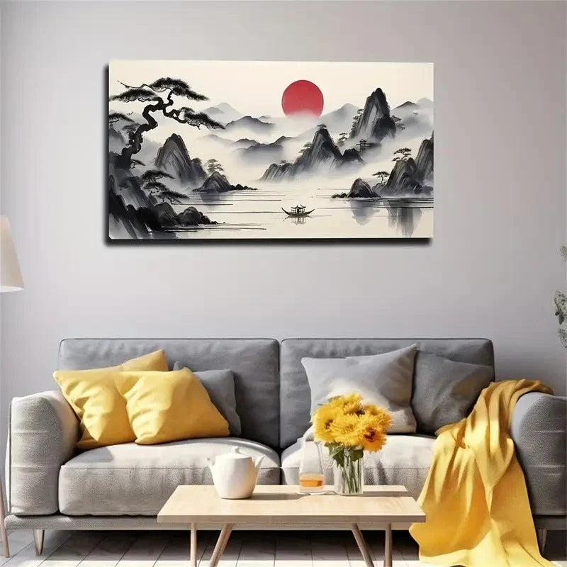 Elegant Ink Mountain & River Wall Art Canvas Office Home Room Framed 80x45cm