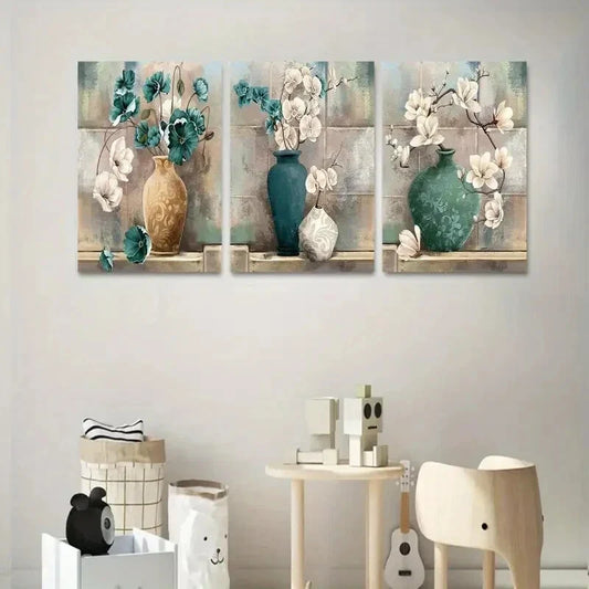 3pcs Magnolia & Orchid with Elegant Vase Metal Print Ready to Hang Art