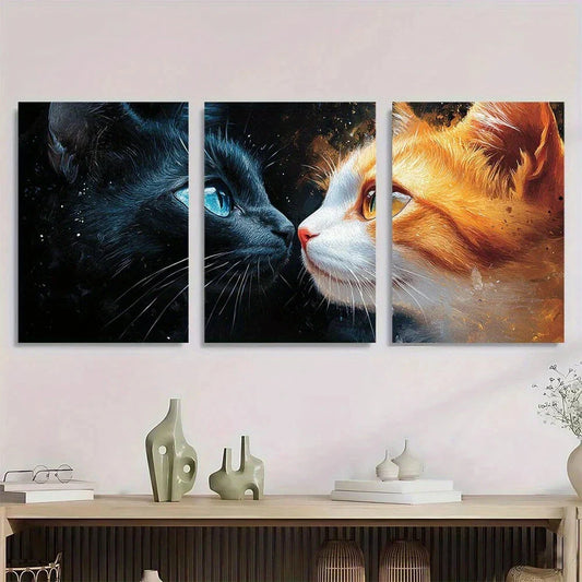 3pcs Whimsical Cats with Golden Accents Metal Print Ready to Hang Art