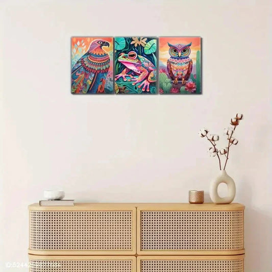 3pcs Abstract Owl Parrot Frog Wildlife Designs Metal Print Ready to Hang Art