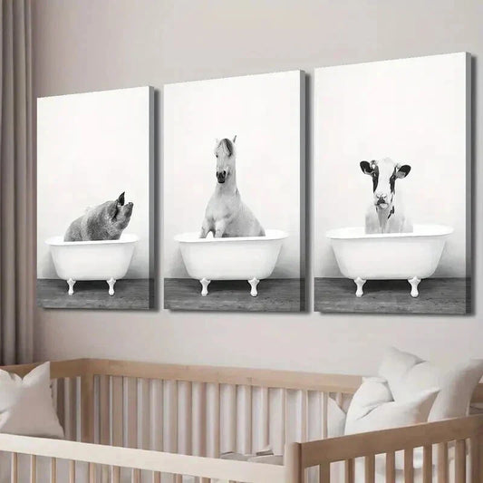 3pcs Modern Black and White Animal Bathtub Wall Art Set Canvas Framed 40x60cm - High Quality Print 100% Australian Made Wall Canvas Ready to Hang